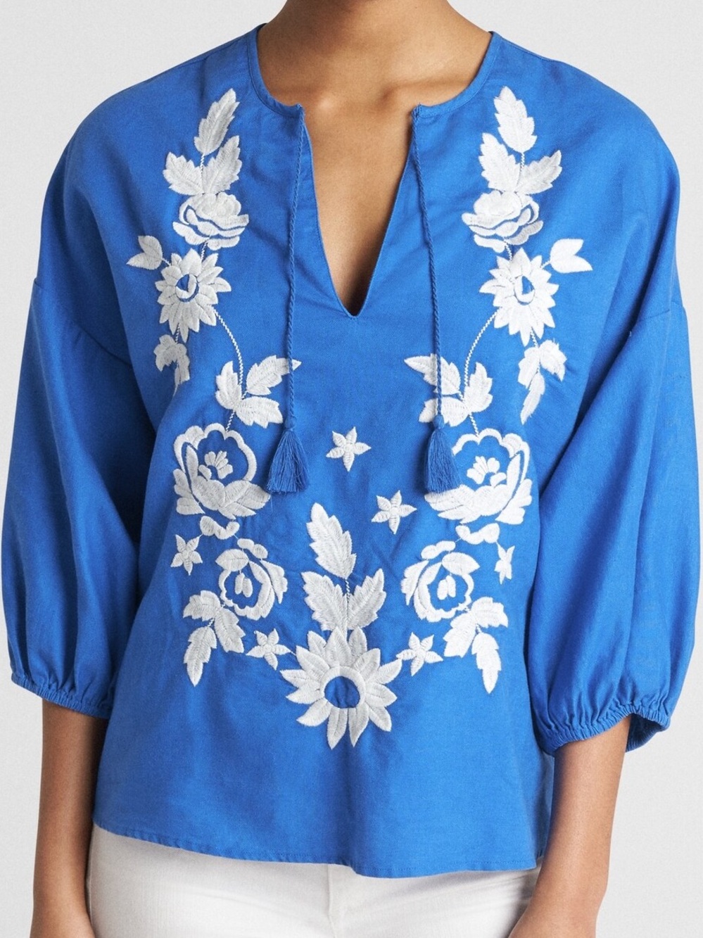 Gap Cobalt Blue Embroidered Linen Top Size L